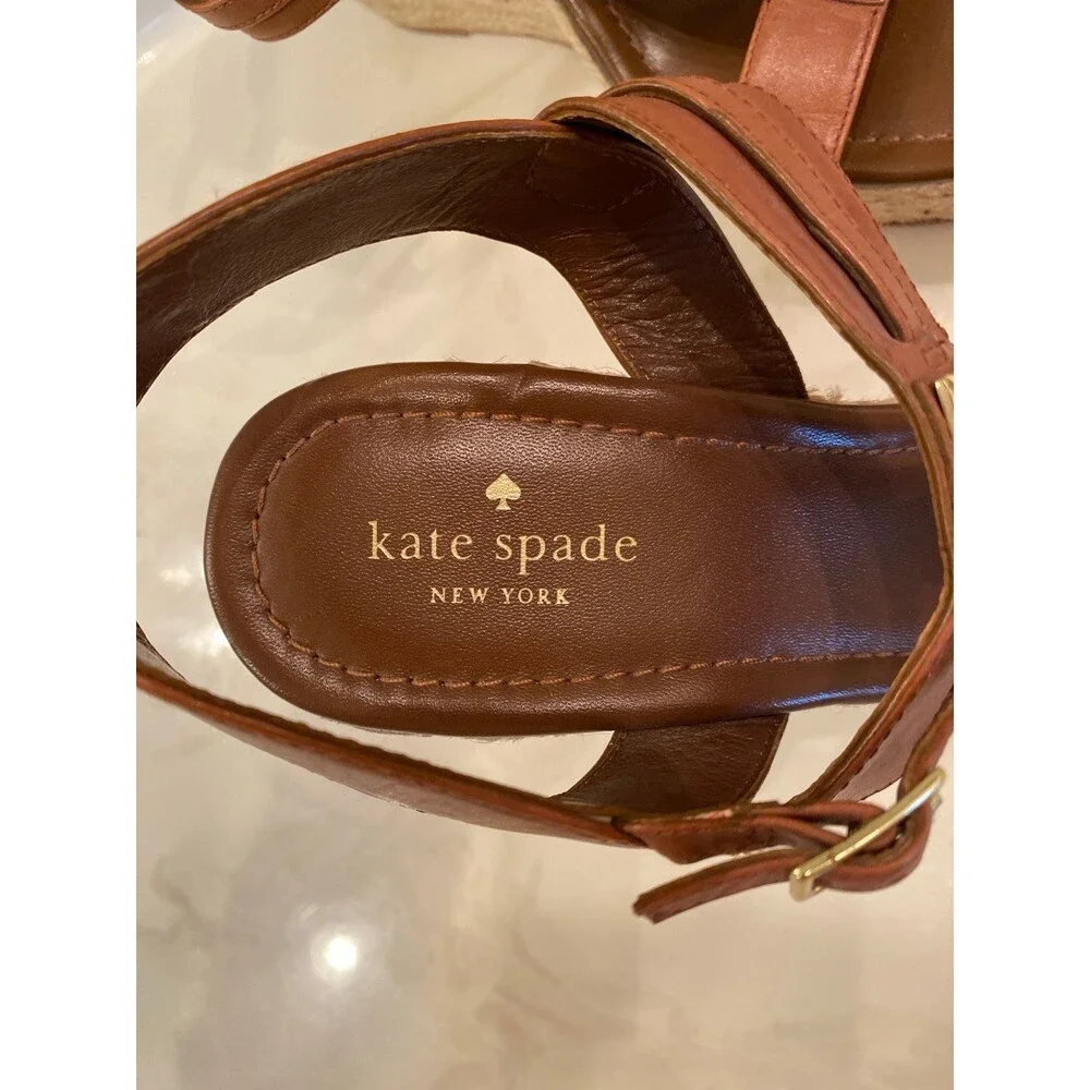 Kate Spade Studded Espadrille Platform Wedge Sandals Brown Leather Size 10 - Picture 7 of 12